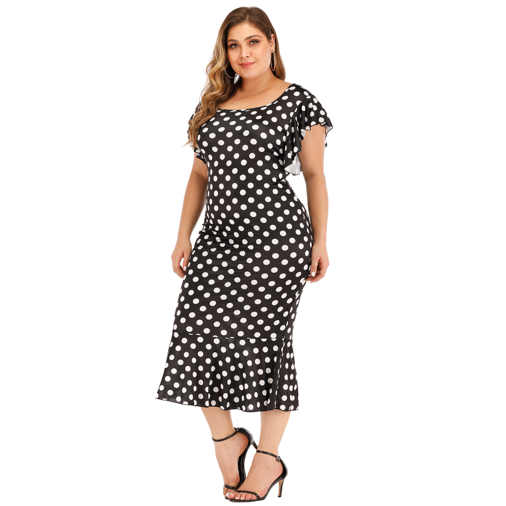 Round neck polka dot ruffled slim wrap hip dress