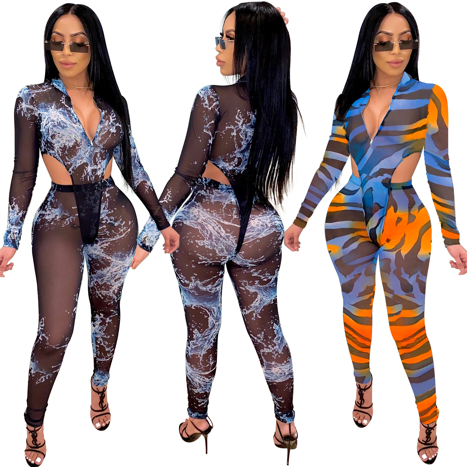 European and American women's sexy mesh printed two-piece suit