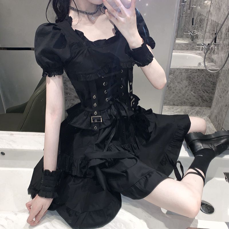 Ruffle Lace Up Buckle Gothic Sweet Dress