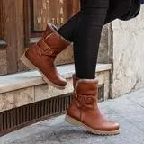 Round-toe flat-bottomed large size ladies new mid boots - Brown
