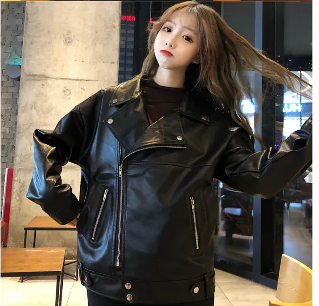 Leather coat women's autumn winter new Korean loose casual casual casual wear Pu motorcycle jacket ins fashion Black - Shop at LoveMi