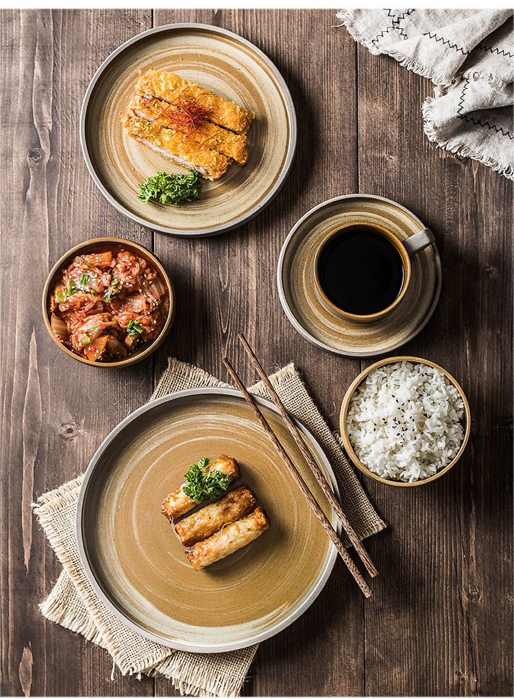 antique tableware dish set simple coarse ceramic steak plate dessert plate simple rice bowl household dish — view 3