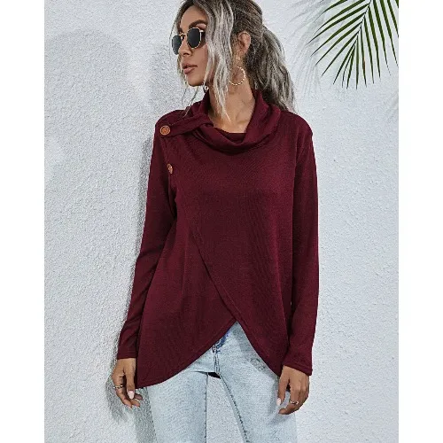 Multi button sweater irregular sweater top burst version Wine - Shop at LoveMi