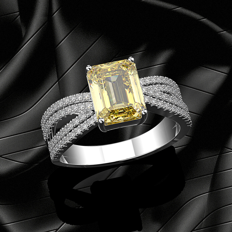 Sterling silver emerald cut worker made high carbon diamond ring