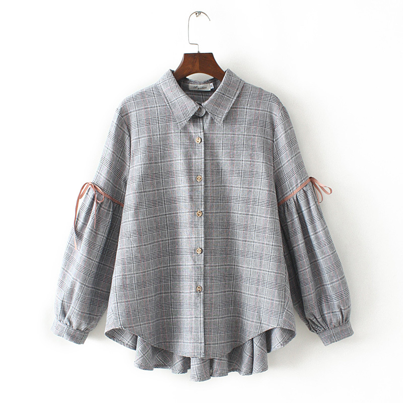 Korean style plus size ladies plaid shirt Blue - Shop at LoveMi