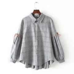 Korean style plus size ladies plaid shirt - Blue Grey - View 1