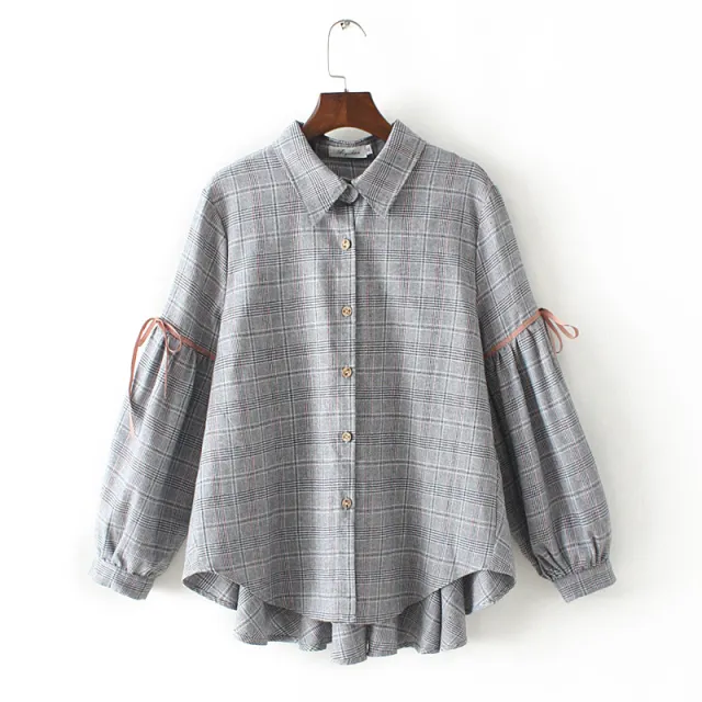 Korean style plus size ladies plaid shirt Blue - Shop at LoveMi