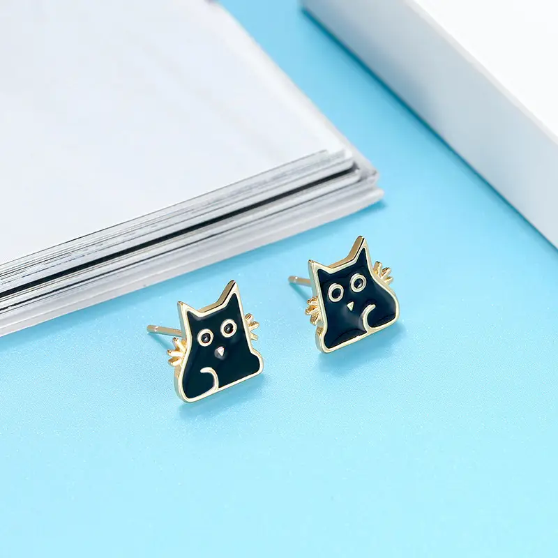 S925 cartoon black cat sterling silver earrings