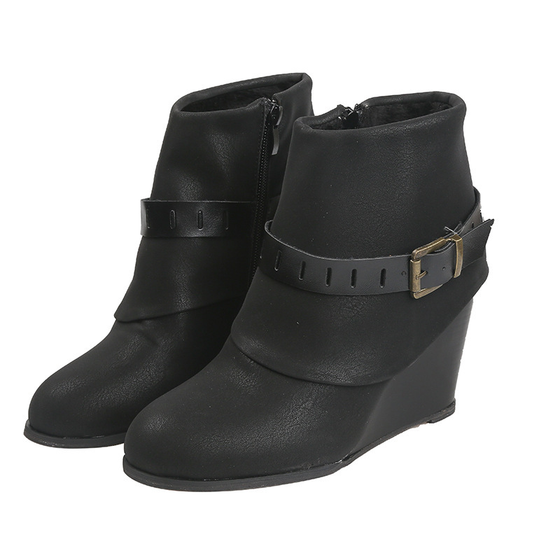 Buckled wedge high heel side zipper short boots