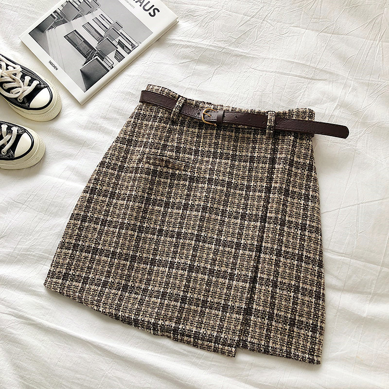 Plaid anti light high waist A-line skirt with waistband