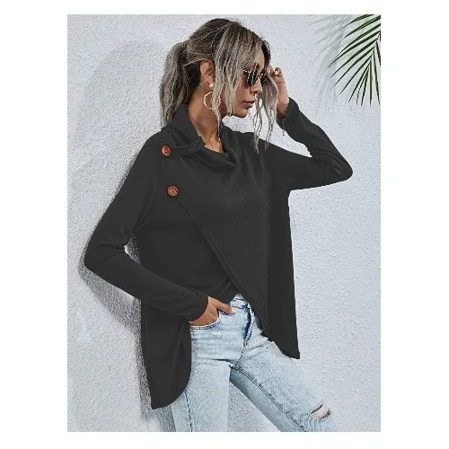 Multi button sweater irregular sweater top burst version Black - Shop at LoveMi