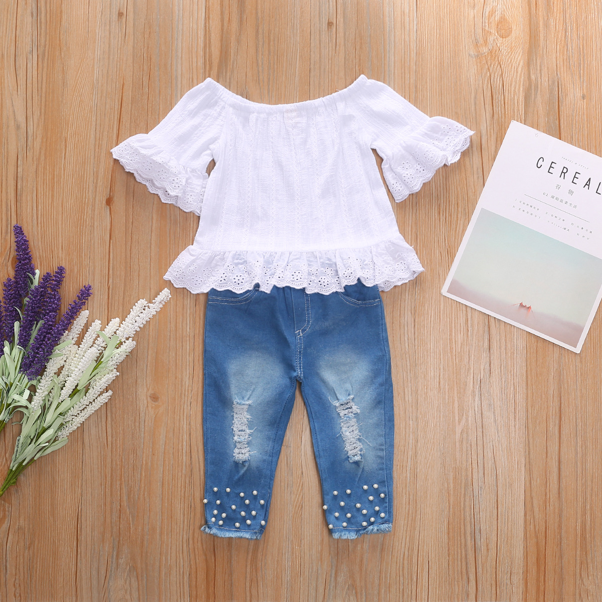 Girls' cotton solid color collar lace fly sleeves