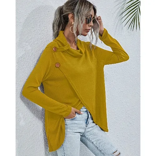 Multi button sweater irregular sweater top burst version Yellow - Shop at LoveMi