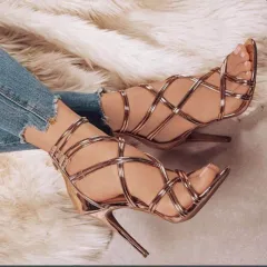 Fish mouth cutout cross strap high heel sandals - Champagne-43 - View 1
