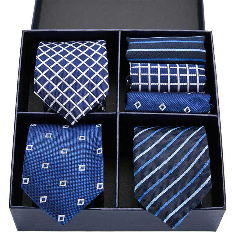 Fashion Business Striped Tie Square Scarf Combo Set