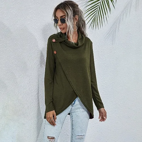 Multi button sweater irregular sweater top burst version Army Green - Shop at LoveMi