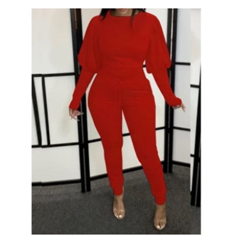 Puff sleeve home casual solid color ladies suit