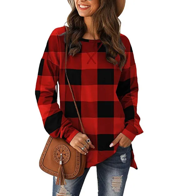 Long sleeves with plaid print hem slit Red - Shop at LoveMi