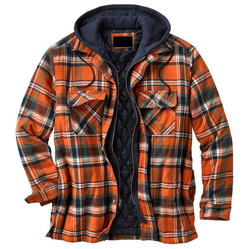 Padded cotton checked long-sleeved hooded jacket