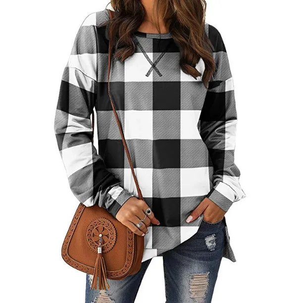 Long sleeves with plaid print hem slit Black - Shop at LoveMi