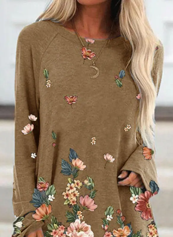 Round neck fashion long sleeve mid length Khaki - Shop at LoveMi