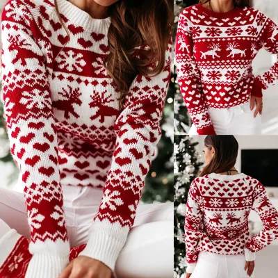 Women Ugly Christmas Sweaters Winter Long Sleeve Knitted Sweater Elk Snowflake Print Knitted Jumpers Knitwear Casual Soft Jacquard Pullover Xmas Look