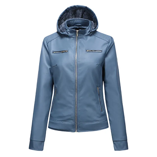 Women's warm casual hooded leather jacket Blue - Shop at LoveMi