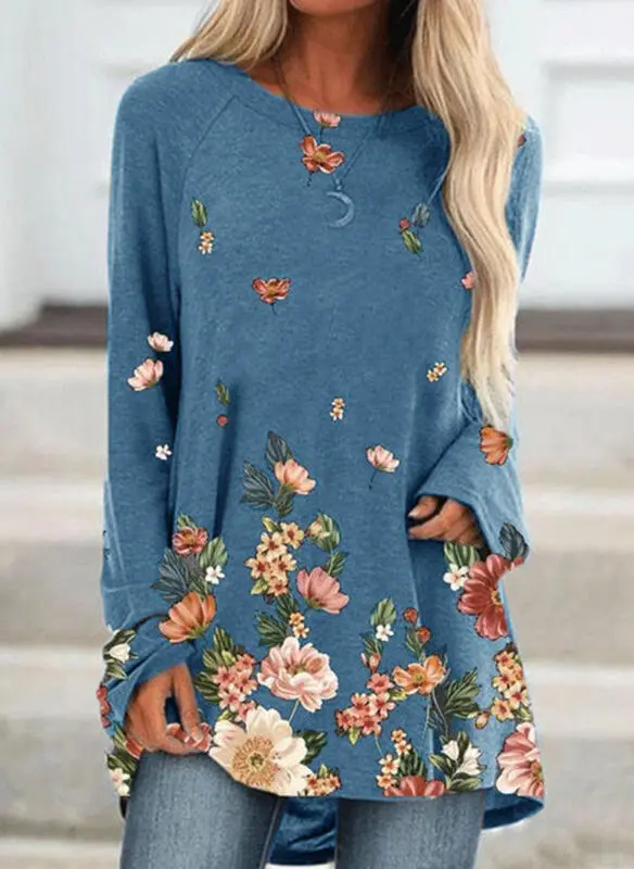Round neck fashion long sleeve mid length Blue - Shop at LoveMi