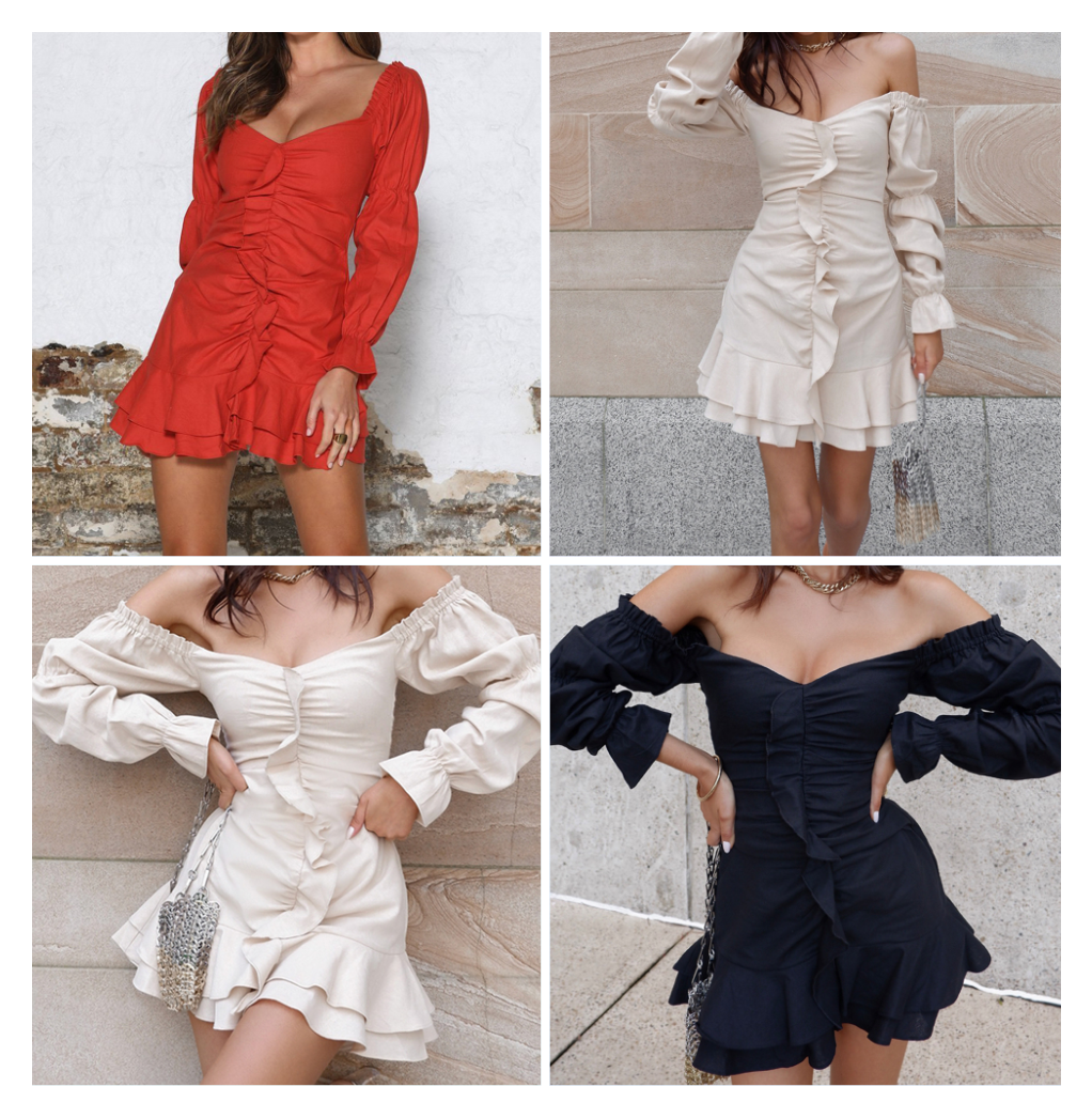 One-shoulder tube top ruffle skirt pleated lantern sleeve slim dress