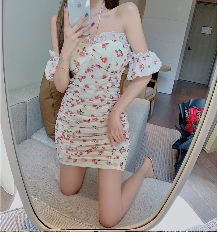 Waist floral one-shoulder strapless dress women