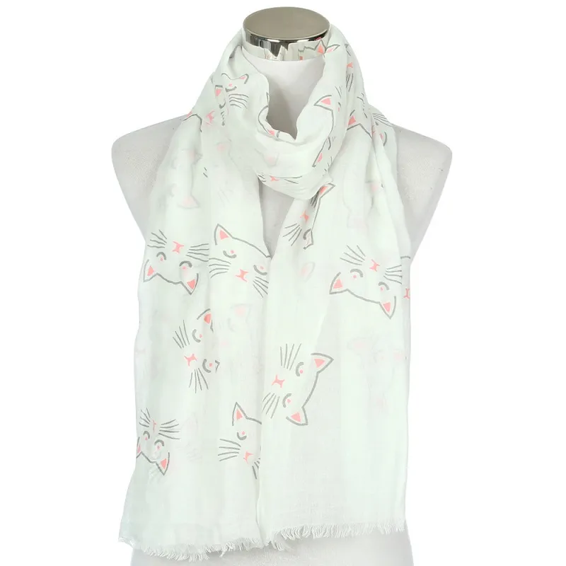 Cute Kitty Balinese Ladies Scarf - White