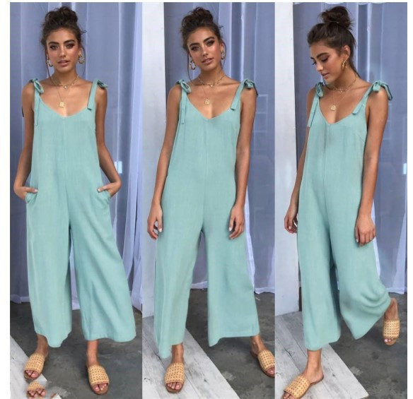 Back solid jumpsuit ladies summer wide leg dress Light Blue - Shop at LoveMi