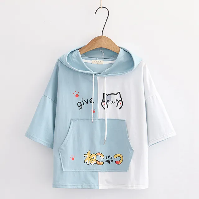 Japanese cartoon print loose hooded short sleeve T shirt women Blue - Shop at LoveMi