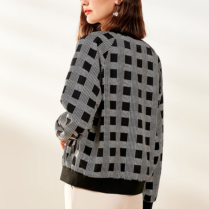 Black and white plaid jacket women's short retro casual long-sleeved baseball uniform