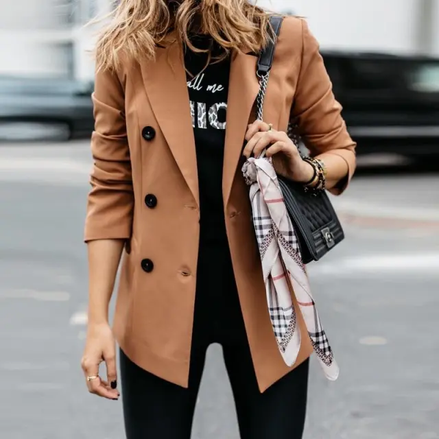 Solid color long sleeved double breasted button suit jacket Khaki - Shop at LoveMi