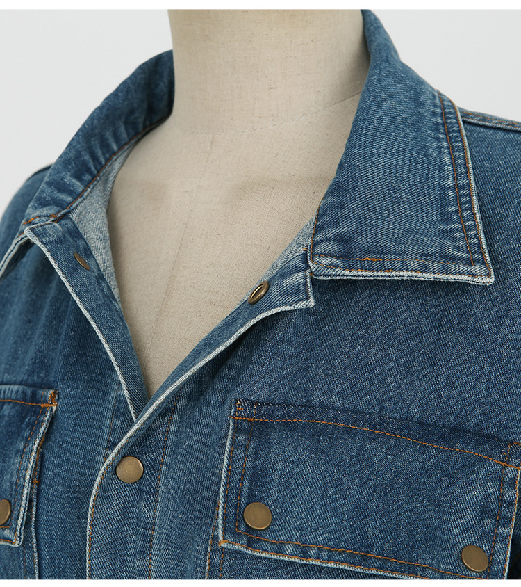 فستان جينز نسائي نحيف بأسلوب كوري مع خصر وتصميم أزرار أمامي فردي