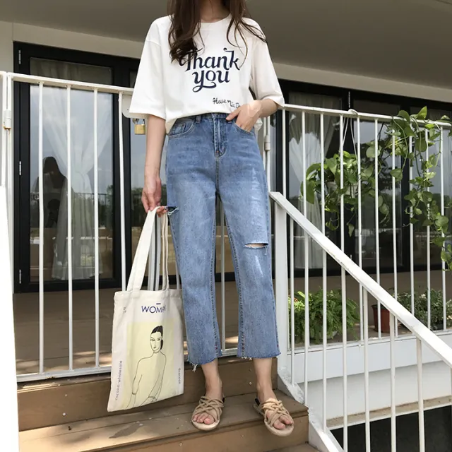 Loose and thin nine point ripped jeans casual pants Blue - Shop at LoveMi