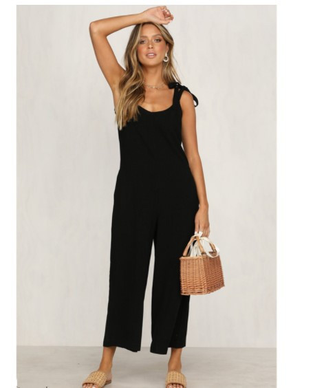 Back solid jumpsuit ladies summer wide leg dress Black - Shop at LoveMi