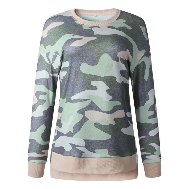 Leopard print round neck irregular long sleeved blouse Leopard - Shop at LoveMi