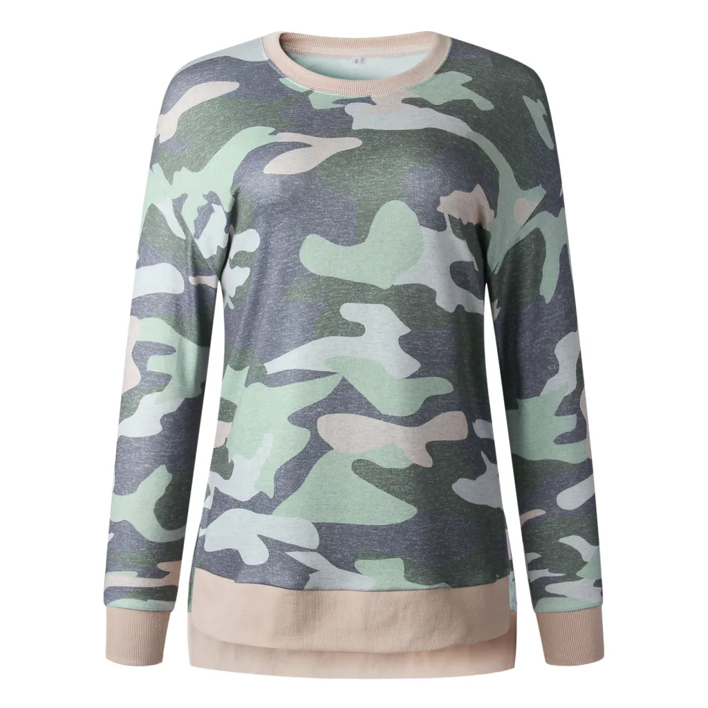 Leopard print round neck irregular long-sleeved blouse - Leopard