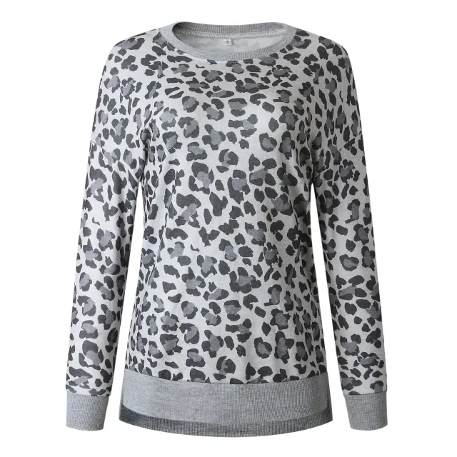 Leopard print round neck irregular long sleeved blouse Grey - Shop at LoveMi