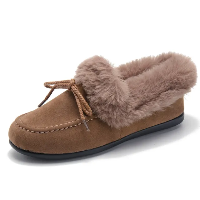 Hairy ball snow boots Korean style short tube hairy bow cotton shoes Camel - Shop at LoveMi