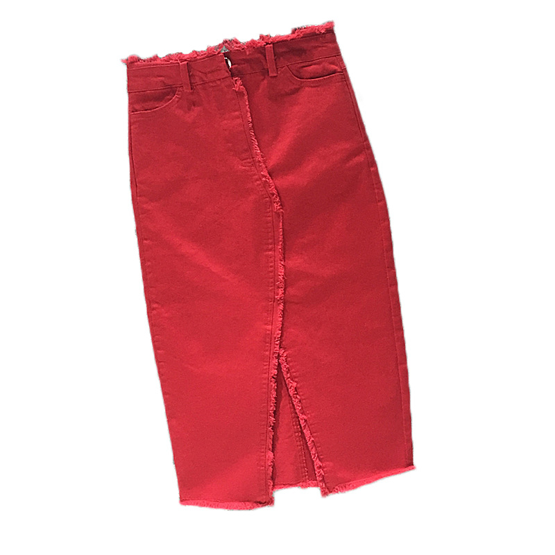 Fringed stretch split denim skirt mid-length