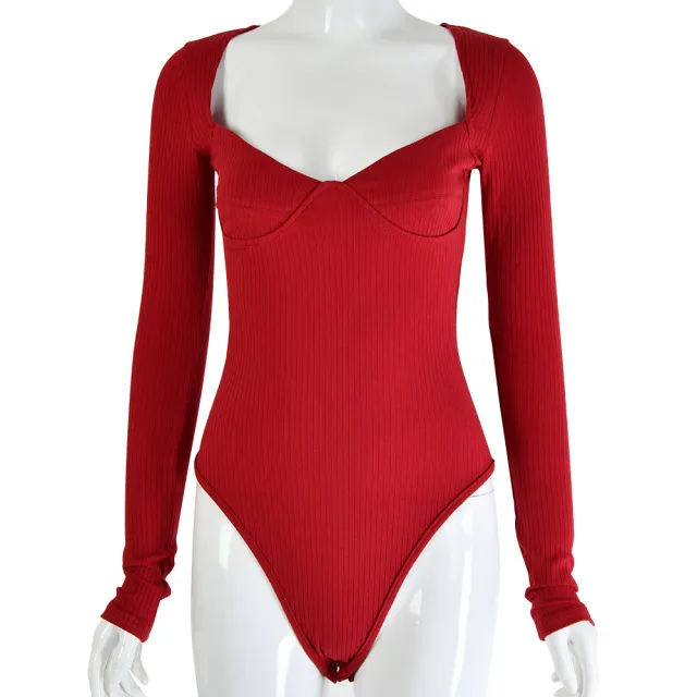 Low cut V neck long sleeved pit strip slim bodysuit Red - Shop at LoveMi