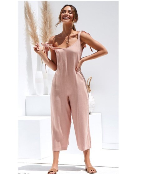 Back solid jumpsuit ladies summer wide leg dress Pink - Shop at LoveMi