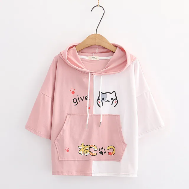 Japanese cartoon print loose hooded short sleeve T shirt women Pink - Shop at LoveMi