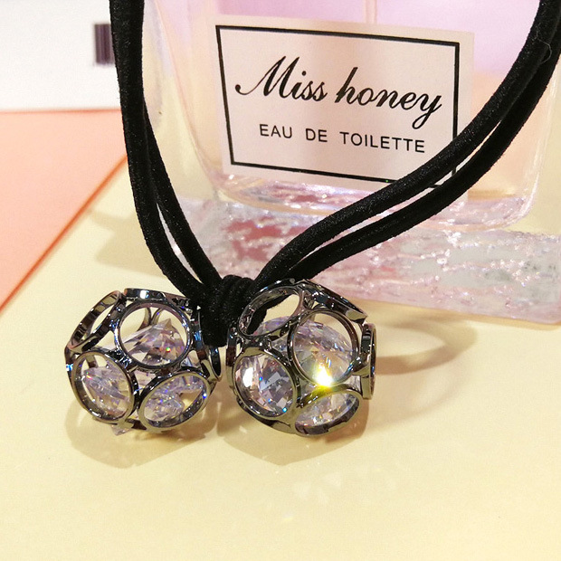 Korean version of hair accessories headdress Dongdaemun new alloy zircon hair ring hollow head rope double ball rubber band hair rope mixed batch ... Black - Shop at LoveMi