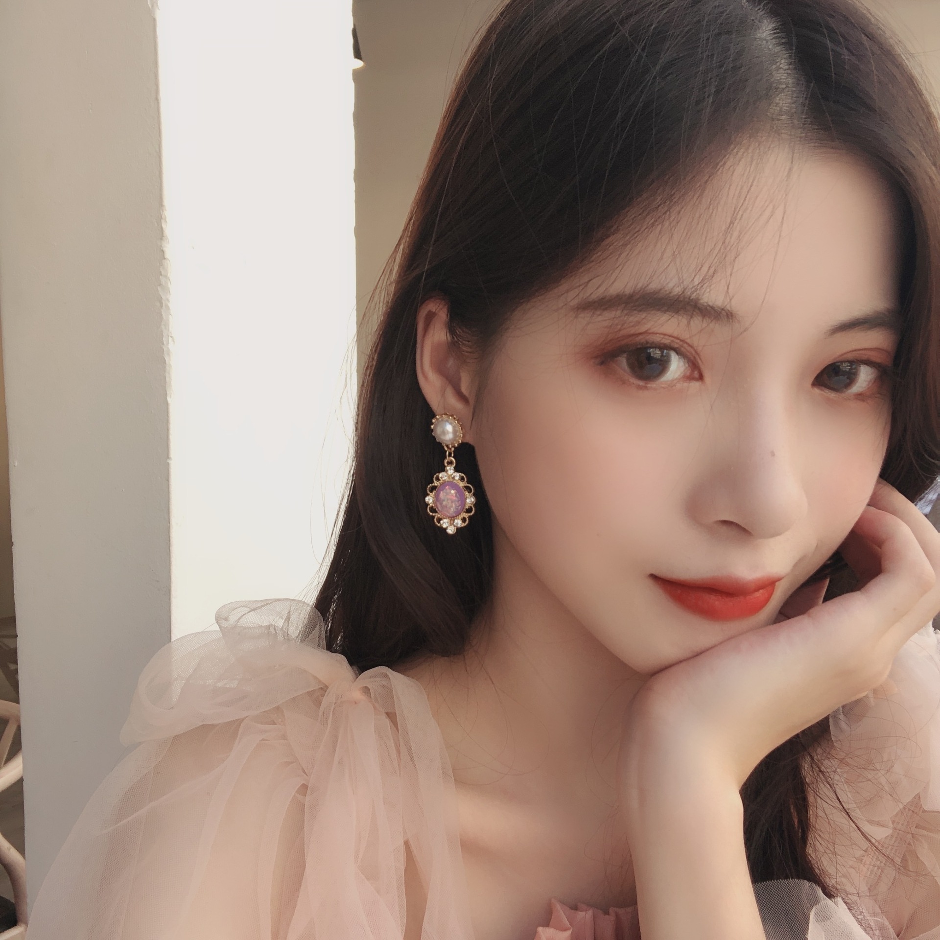 925 silver needle ear clip palace Baroque Earrings retro Girl Pink earrings pearl French Earrings New Earrings