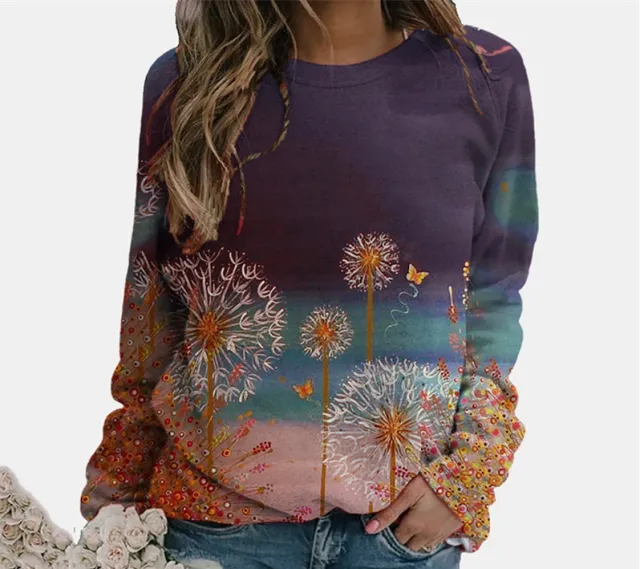 Printed long sleeved casual plus fleece top Purple - Shop at LoveMi