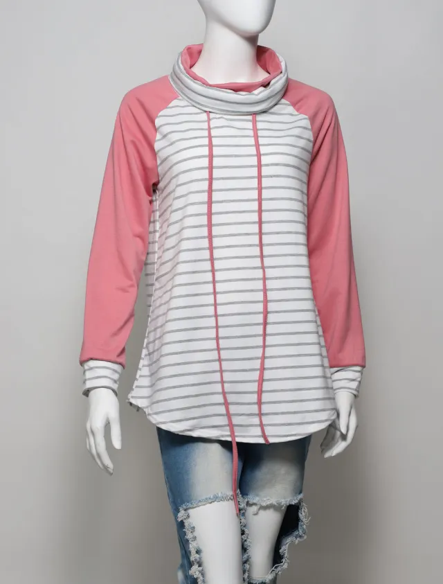 Printed striped stitching slim top autumn and winter Pink - Shop at LoveMi